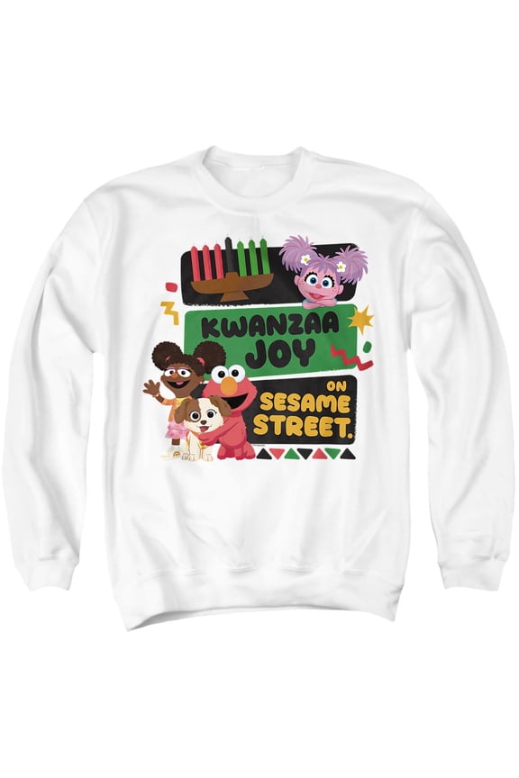 Kwanzaa Joy With Gabrielle And Elmo Unisex Adult Crewneck Sweatshirt, White, 5X-Large