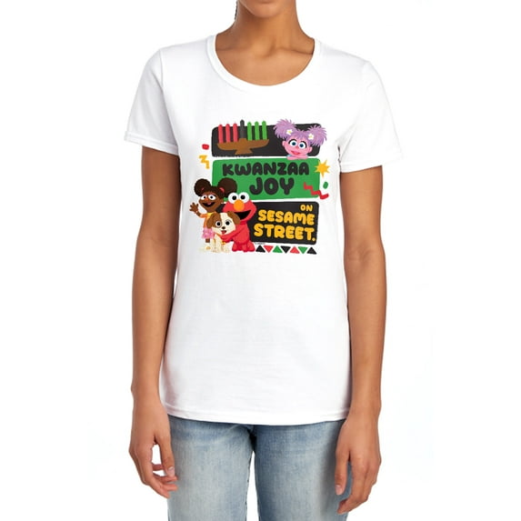 Sesame Street Kwanzaa Joy With Gabrielle And Elmo Women's T Shirt, White, Small