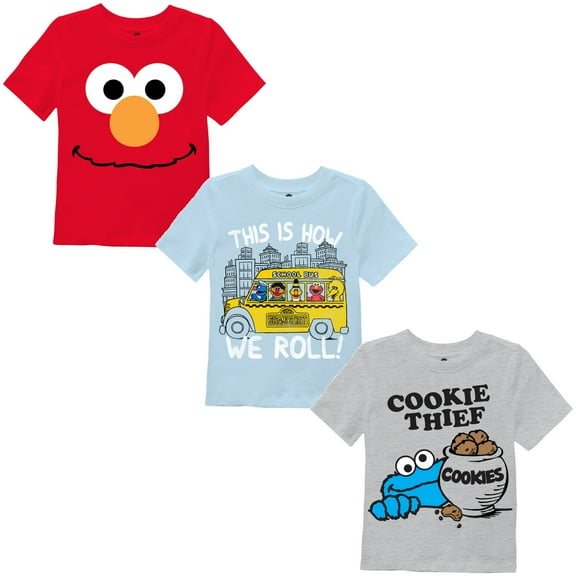 Sesame Street Little Boys' Toddler 3 Pack T-Shirt Bundle, Sky Blue/Red/Heather Grey, 5T