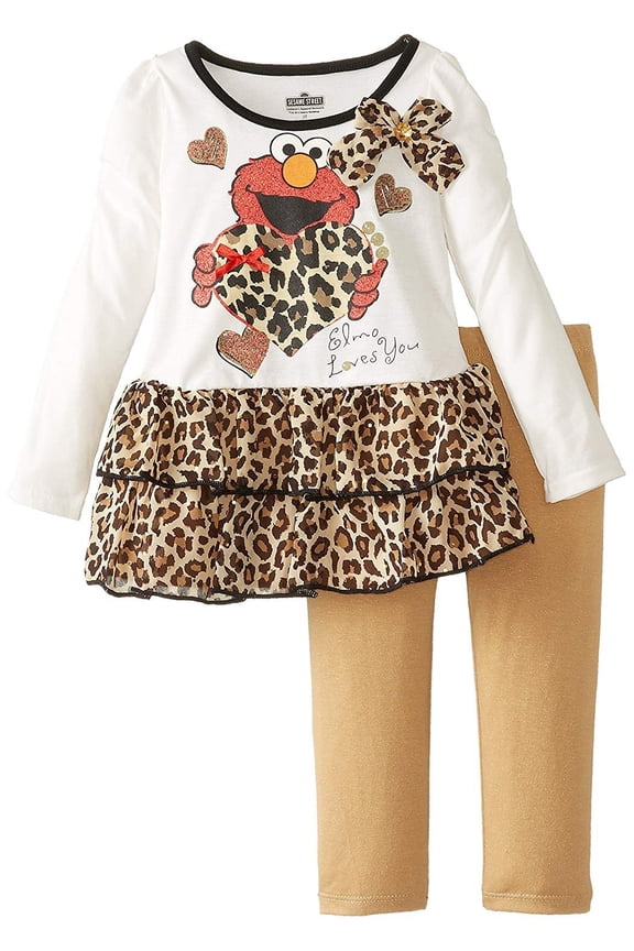 Sesame Street Little Girls' Elmo 2 Piece Heart Long Sleeve Legging Set, Vanilla, 4T