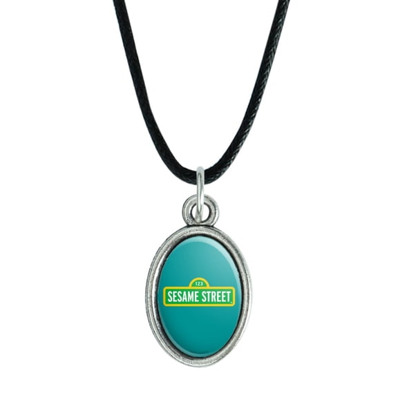 Sesame Street Logo Antiqued Oval Charm Pendant with Black Satin Cord