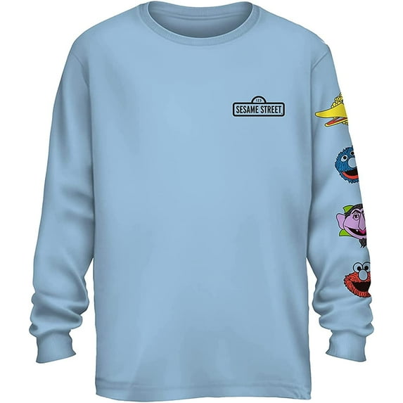 Sesame Street Mens Classic Shirt Elmo Cookie Monster Big Bird Tee Long Sleeve T-Shirt Sky Blue, Small