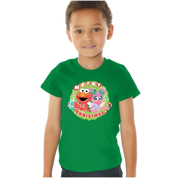 Sesame Street Merry Christmas Elmo And Abby Cadabby Kids T Shirt (4) for Toddler Boys and Girls, Kelly Green