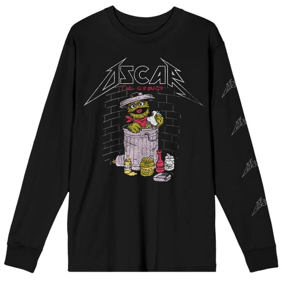 Sesame Street Metal Style Oscar the Grouch Men's Black Long Sleeve Tee-XS