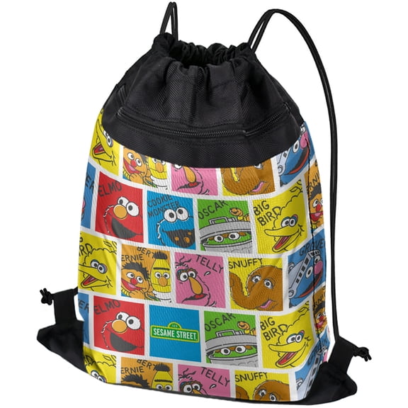 Sesame Street Named Blocks Drawstring Backpack Sports Bag Sackpack 17" x 13", Perfect for Gym, Yoga or Practice