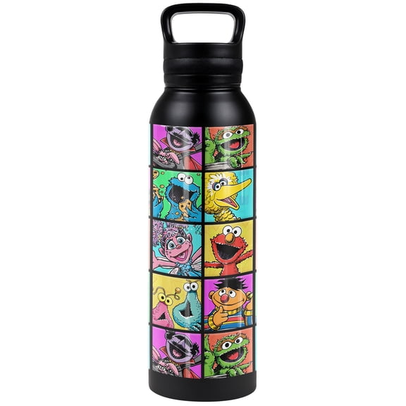 Sesame Street Official Hand Drawn Squares 24 oz Insulated Canteen Water Bottle, Leak Resistant, Vacuum Insulated Stainless Steel with Loop Cap