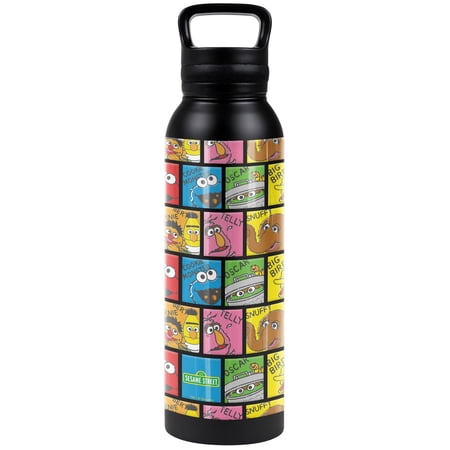 Sesame Street Official Named Blocks 24 oz Insulated Canteen Water Bottle, Leak Resistant, Vacuum Insulated Stainless Steel with Loop Cap