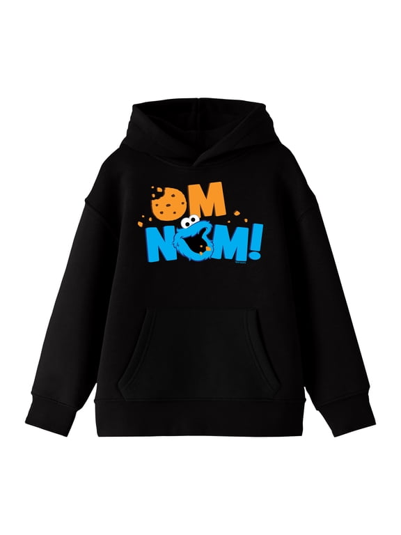 Sesame Street On Nom Cookie Monster Text Youth Black Long Sleeve Hooded Sweatshirt-XXL