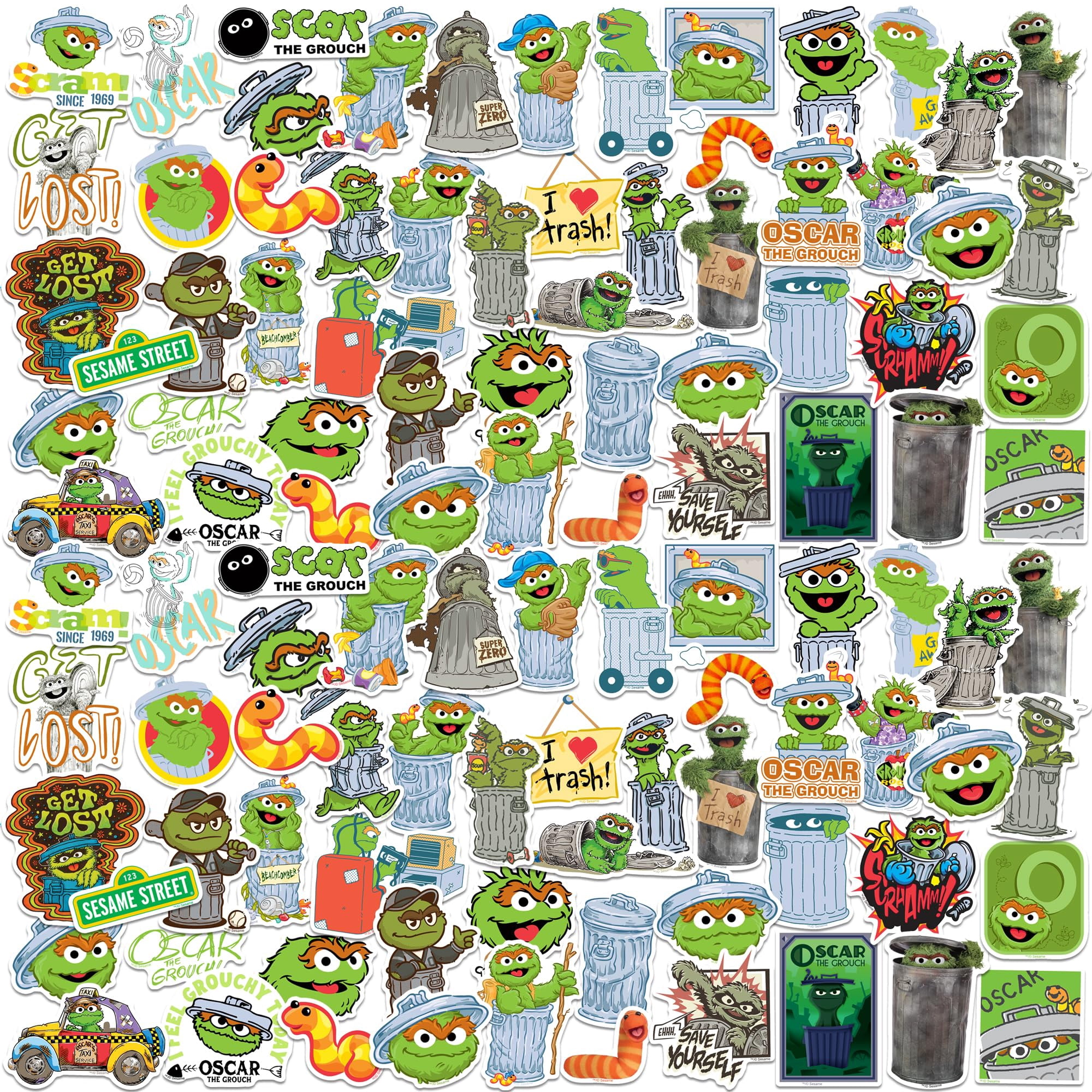 Sesame Street Oscar The Grouch 100ct Vinyl Sticker Pack  Large Waterproof Die-Cut Stickers for Laptop, Water Bottle, Scrapbooking, Tablet  Oscar Character Variety Set