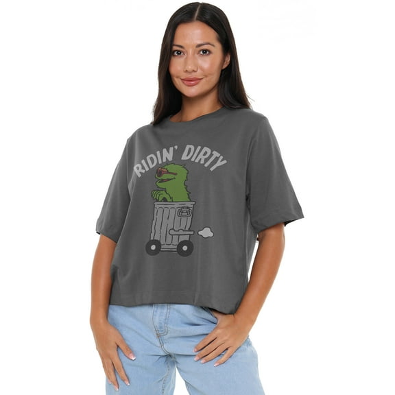 Sesame Street Oscar Ridin Dirty Women's Boxy Cropped T-Shirt Casual Graphic Tee
