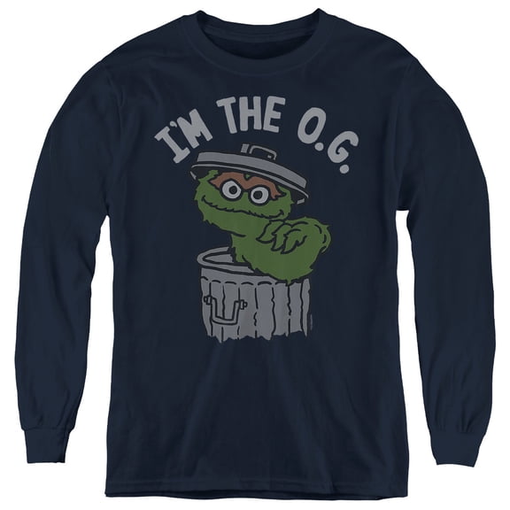 Sesame Street Oscar The OG Youth Long Sleeve T Shirt, Navy, Small