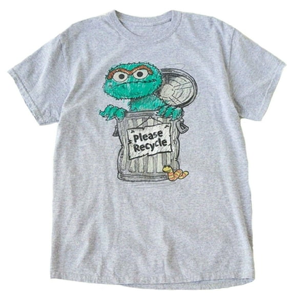 Sesame Street Oscar the Grouch "Please Recycle" Gray Men's T-Shirt (Small)