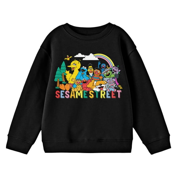 Sesame Street Outdoor Character Group Art Crew Neck Long Sleeve Youth Black Sweatshirt-Medium