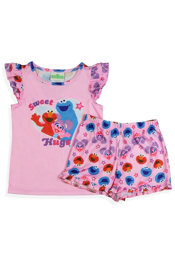 Sesame Street Pajamas Toddler Girls Sweet Hugs Ruffled Short Sleep Set