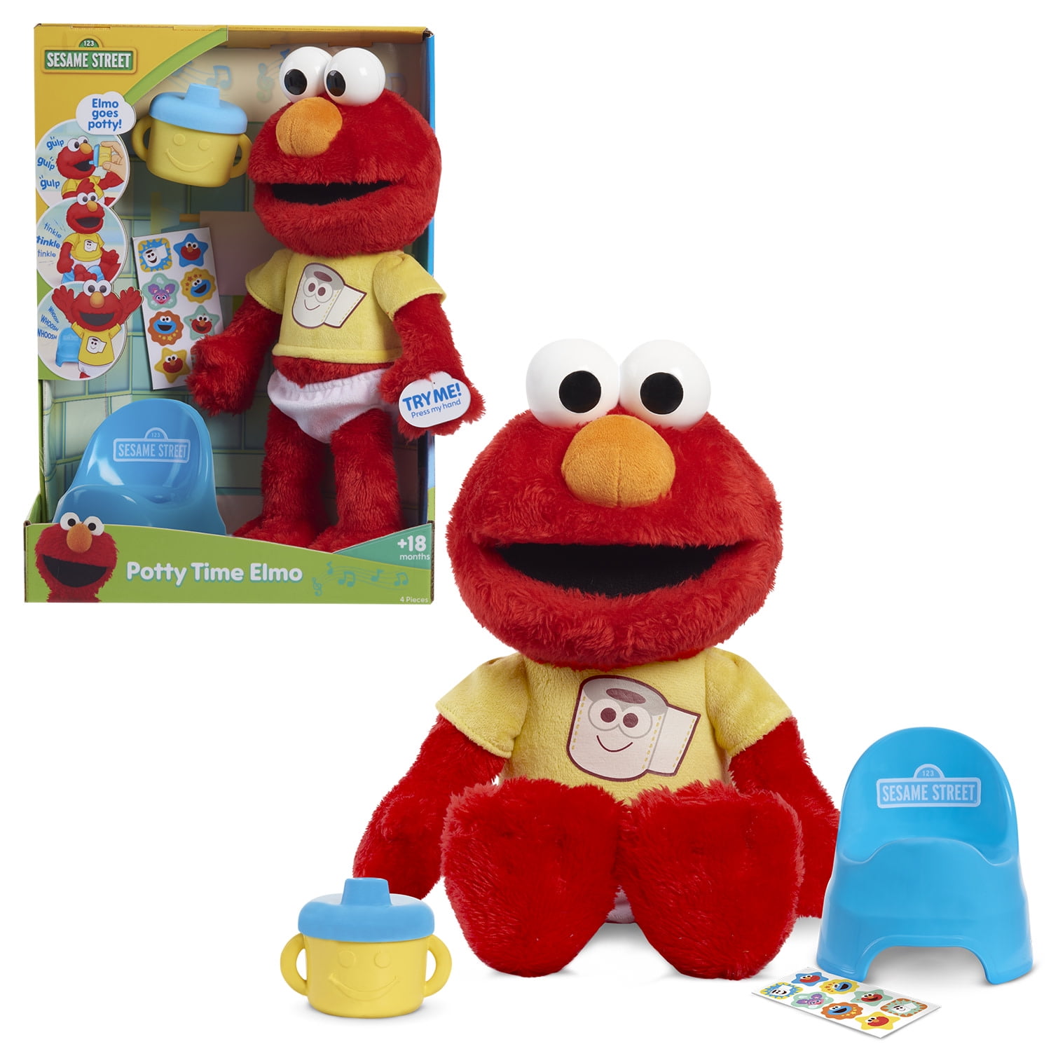 Sesame Street Potty Time Elmo 12-Inch Sustainable Plush Stuffed Animal, Sounds and Phrases, Potty Training Tool Baby and Toddler Toys