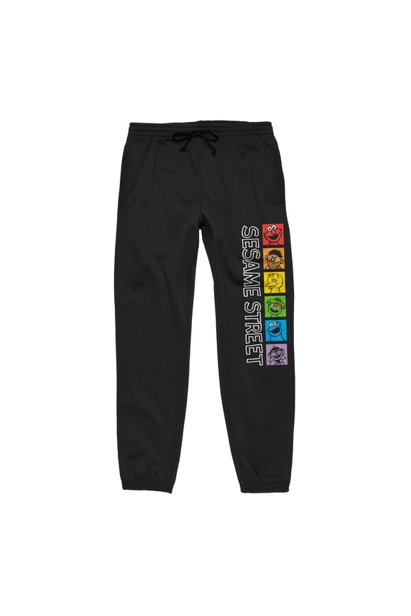 Sesame Street Rainbow Character Grid Adult Unisex Black Graphic Sweatpants-XS