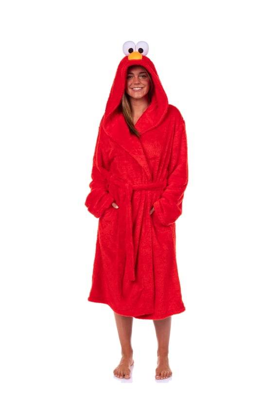 Sesame Street Robe Adult Elmo Faux Fur Plush Hooded Bathrobe
