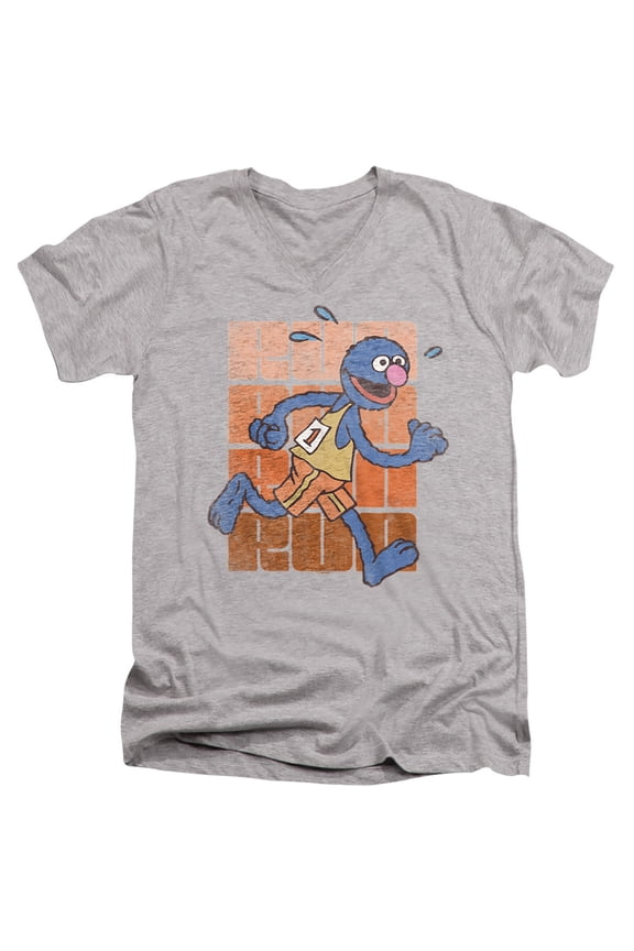 Run Run Grover Unisex Adult V-Neck T Shirt (Large) Athletic Heather