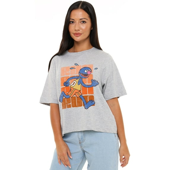 Sesame Street Run Run Grover Women's Boxy Cropped T-Shirt Casual Graphic Tee