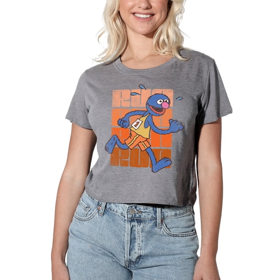 Sesame Street Run Run Grover Women's Crop Top T-Shirt, Athletic Heather, Small