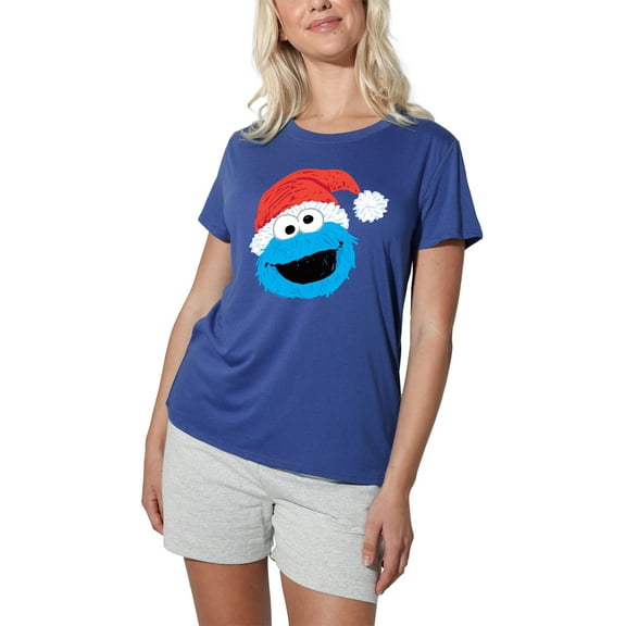 Sesame Street Scribble Christmas Cookie Monster Women's Loose T-Shirt, Royal, Medium