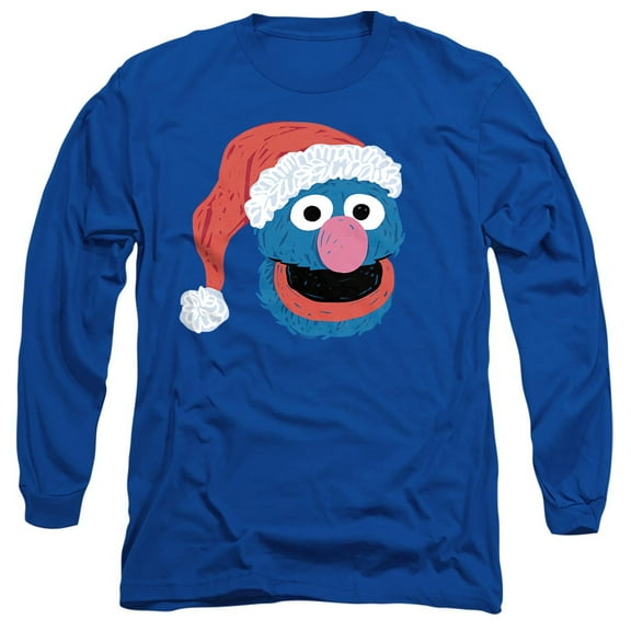 Sesame Street Scribble Christmas Grover Unisex Adult Long-Sleeve T Shirt, Royal, 3X-Large