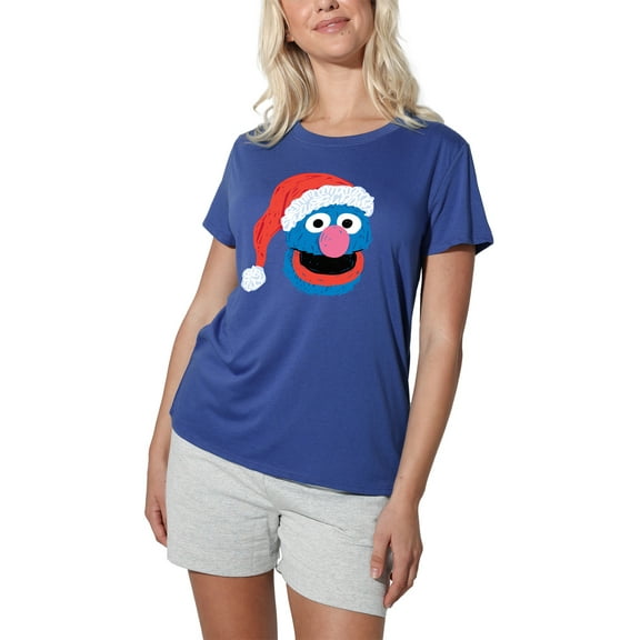Sesame Street Scribble Christmas Grover Women's Loose T-Shirt, Royal, Medium