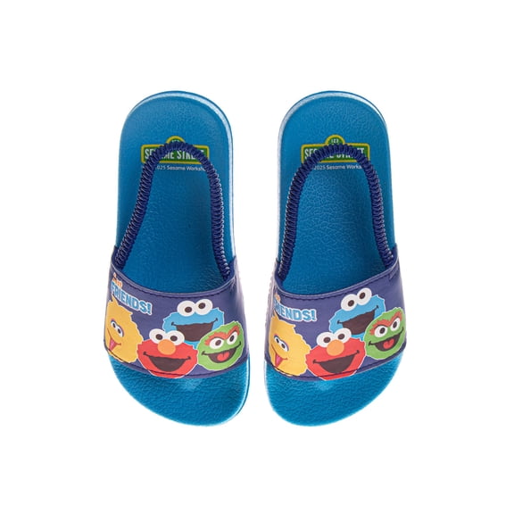 Sesame Street Slide Sandals for Boys, Characters Design Blue Slip On Quick Dry Pool Beach (Toddler Little Kid), Blue, Size: 9-10