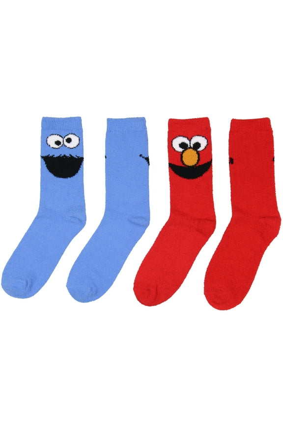 Sesame Street Socks Cookie Monster And Elmo Character Adult Fuzzy Plush Crew Socks 2 Pack For Women Men