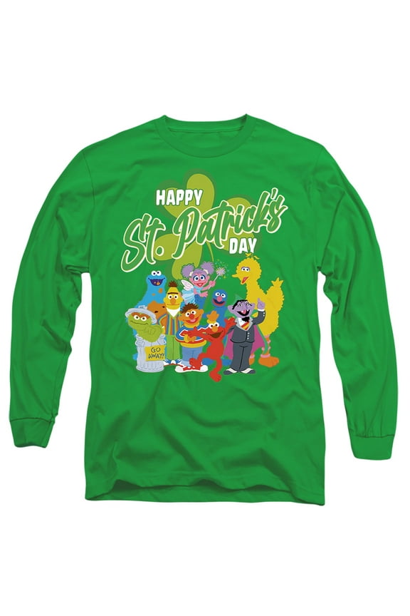 St. Patrick's Day Big Bird Elmo Cookie Monster Unisex Adult Long-Sleeve T Shirt (Large) Kelly Green