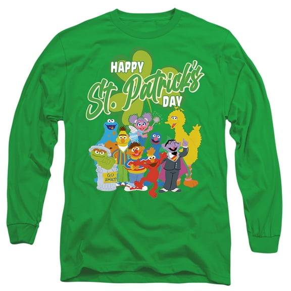 Sesame Street St. Patrick's Day Big Bird Elmo Cookie Monster Unisex Adult Long-Sleeve T Shirt (Small) Kelly Green