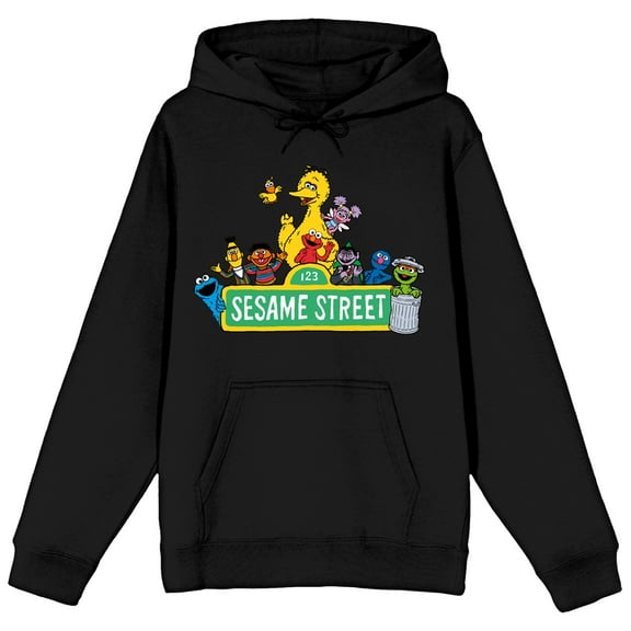 Sesame Street Street Sign and Favorite Characters Women's Black Graphic Hoodie-4XL