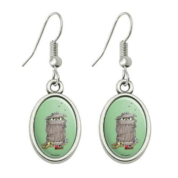 Sesame Street Trash Can Oscar the Grouch Novelty Dangling Drop Oval Charm Earrings