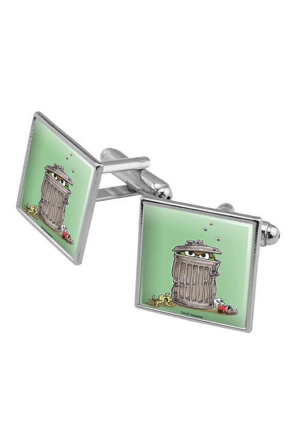 Sesame Street Trash Can Oscar the Grouch Square Cufflink Set - Silver or Gold