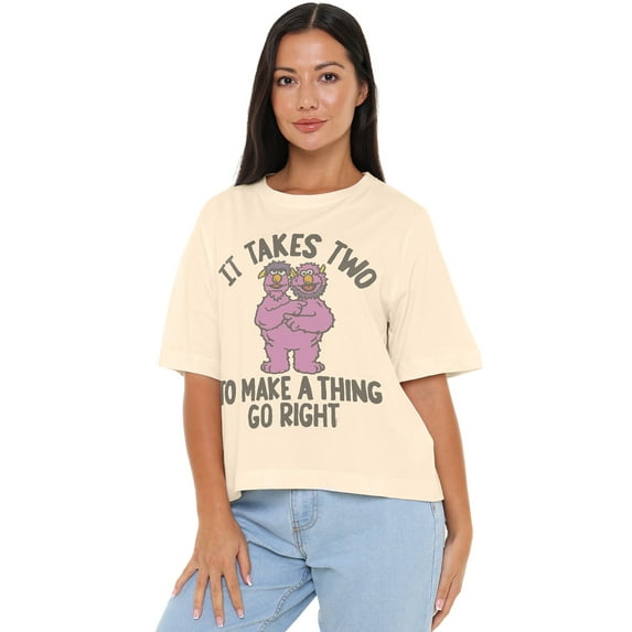 Sesame Street Two Headed Monster Takes Two Women's Boxy Cropped T-Shirt Casual Graphic Tee