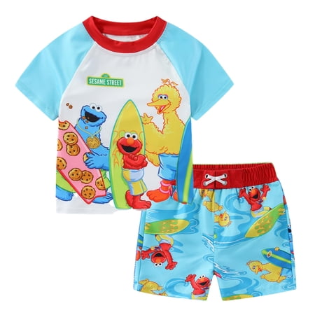 Sesame Street UPF 50+ Rash Guard Shirt and Swim Trunks Shorts Swimwear Set Swimsuit (Boys), 2 Piece Set, Sizes 18M-4T