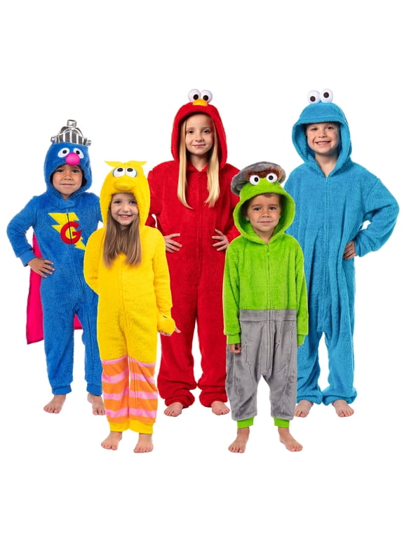 Sesame Street Unisex Kids' Character Hooded Union Suit Kigurumi Fleece Pajama - Cookie Monster Elmo Big Bird Oscar Grover