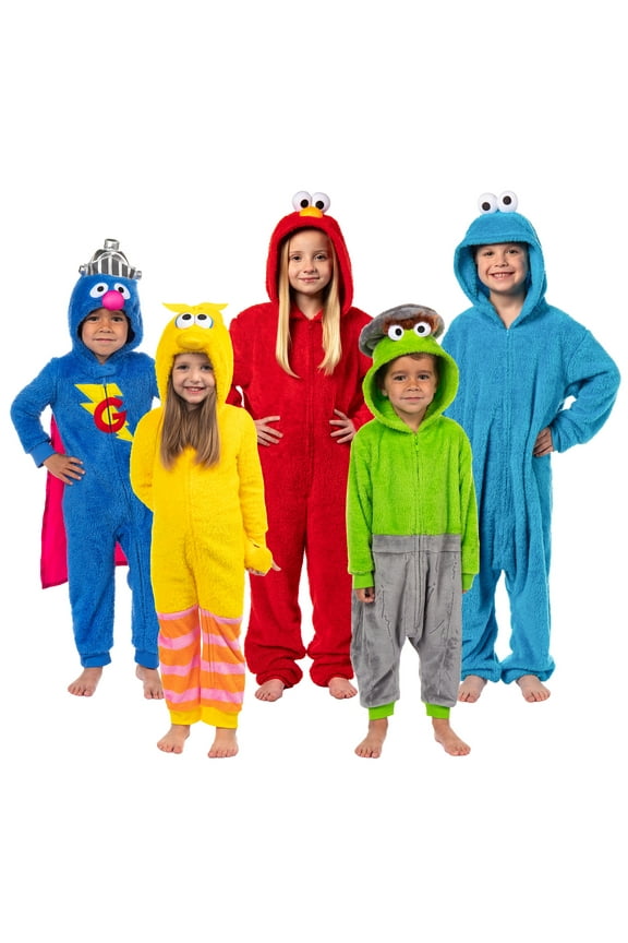 Sesame Street Unisex Kids' Character Hooded Union Suit Kigurumi Fleece Pajama - Cookie Monster Elmo Big Bird Oscar Grover