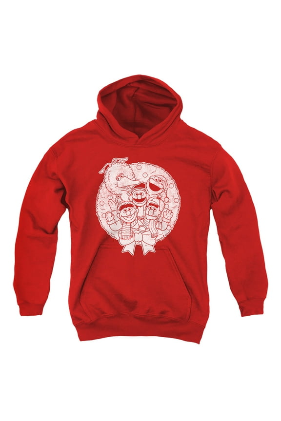 Vintage Christmas Wreath Youth Kids Boy/Girls Pull-Over Hoodie, Red, Medium