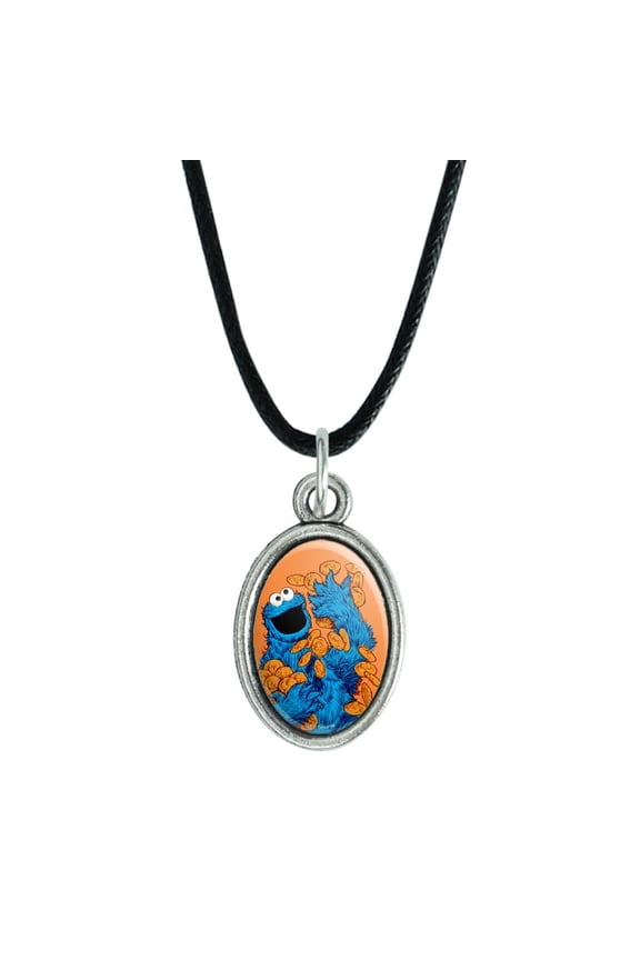 Sesame Street Vintage Cookie Monster Antiqued Oval Charm Pendant with Black Satin Cord