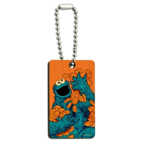 Sesame Street Vintage Cookie Monster Wood Wooden Rectangle Keychain Key Ring