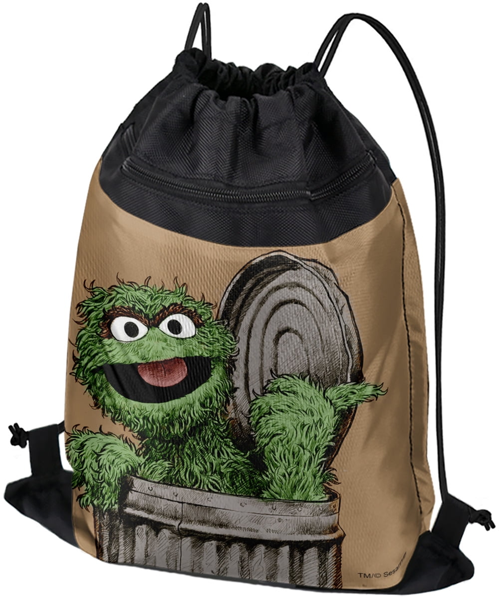 Sesame Street Oscar The Grouch Face Drawstring Backpack Sports Bag Sackpack 17 x 13