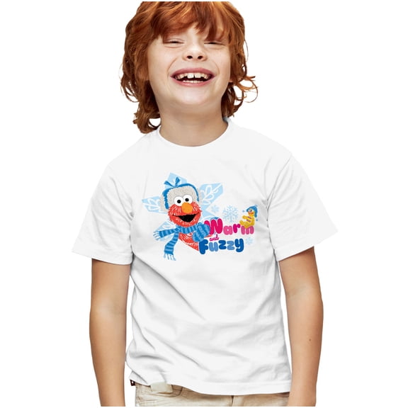 Sesame Street Warm And Fuzzy Holiday Elmo Kids T Shirt for Youth Boys and Girls, White, X-Small