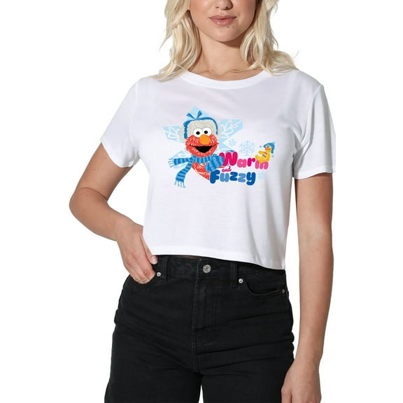 Sesame Street Warm And Fuzzy Holiday Elmo Women's Crop Top T-Shirt, White, Medium