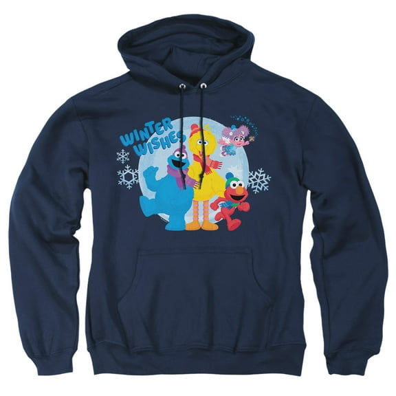 Sesame Street Winter Wishes Elmo, Cookie Monster, Big Bird Adult Pull-Over Hoodie, Navy, X-Large