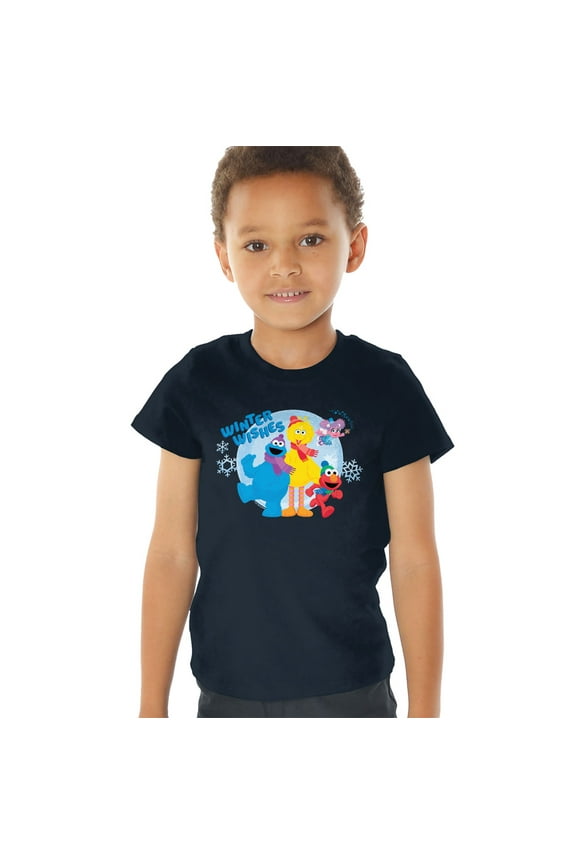 Winter Wishes Elmo, Cookie Monster, Big Bird Kids T Shirt (2) for Toddler Boys and Girls, Navy