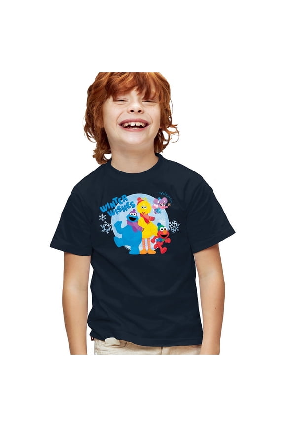 Winter Wishes Elmo, Cookie Monster, Big Bird Kids T Shirt for Youth Boys and Girls, Navy, Large