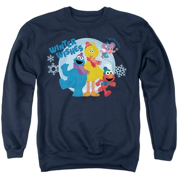 Sesame Street Winter Wishes Elmo, Cookie Monster, Big Bird Unisex Adult Crewneck Sweatshirt, Navy, Medium