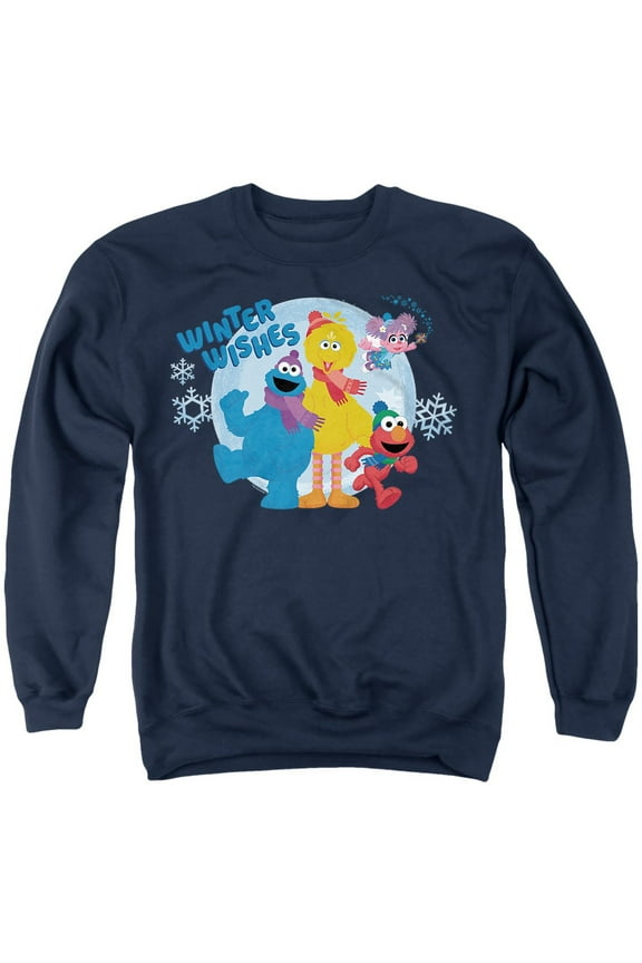 Winter Wishes Elmo, Cookie Monster, Big Bird Unisex Adult Crewneck Sweatshirt, Navy, Small