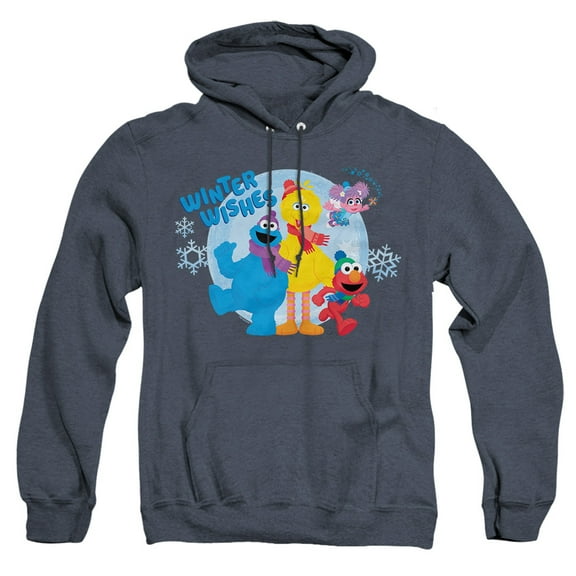 Sesame Street Winter Wishes Elmo, Cookie Monster, Big Bird Unisex Adult Pull-Over Heather Hoodie, Navy Heather, 3X-Large